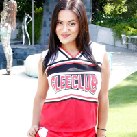 Young cheerleader babe Selma Sins sliding a finger inside warm cunt