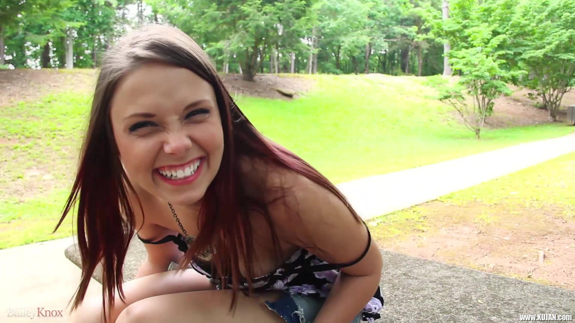 Brunette cutie Bailey Knox plays with herself at a park - Photo #801825