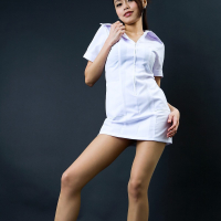 Slim japanese girl Eva shows off her nice long legs