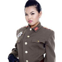 Oriental pornstar Cindy Starfall posing solo in military garb