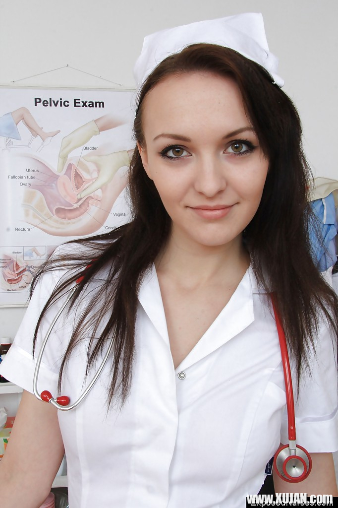 Stunning nurse brunette Belle spreading her mouth and pink pussy - Photo #842586