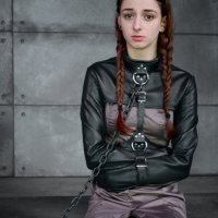 Willow Hayes pigtails brunette babe is bound in leather straightjacket