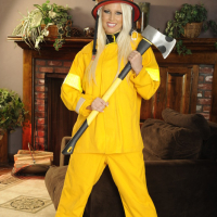 Hot babe in fire uniform Vanessa Cage showing her shaved pussy