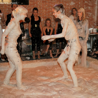 Sexy fetish gals Nessa Devil Lena Cova have some mud wrestling fun