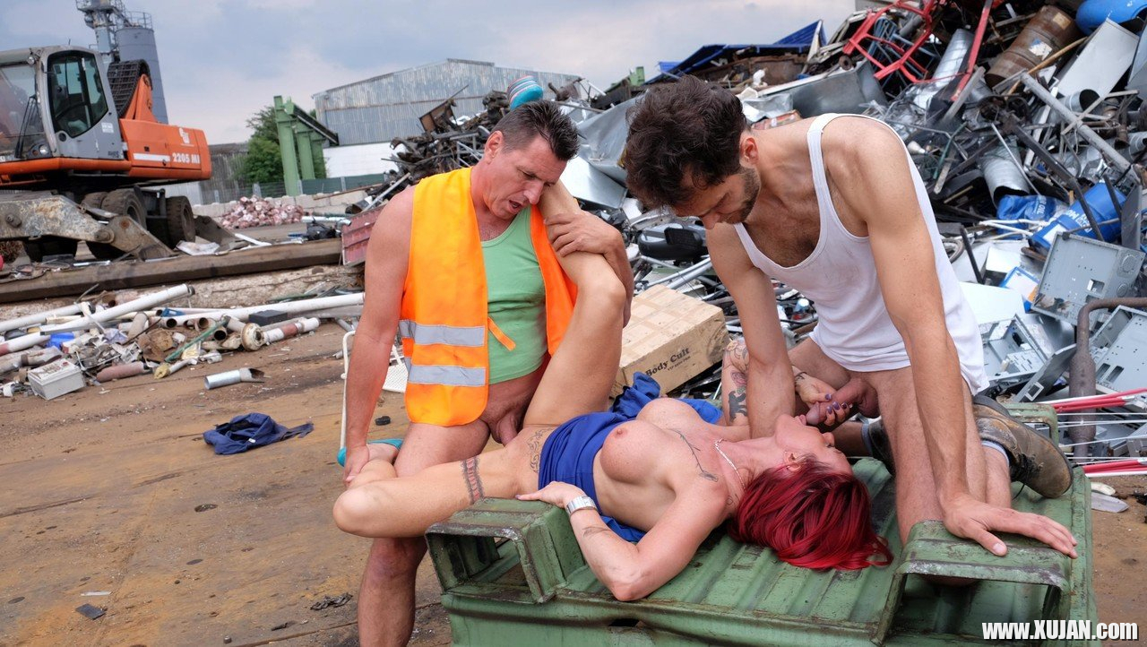 Horny redhead Julia Exclusiv gets plundered by shady guys in garbage yard - Photo #944640
