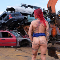 Horny redhead Julia Exclusiv gets plundered by shady guys in garbage yard