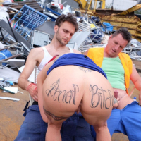 Horny redhead Julia Exclusiv gets plundered by shady guys in garbage yard