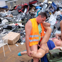 Horny redhead Julia Exclusiv gets plundered by shady guys in garbage yard