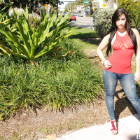 Bootylicious latina babe Valerie Kay slipping off her jeans outdoor
