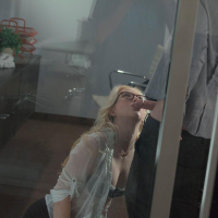 Bespectacled blonde babe Samantha Rone makes a dick cum on her tits