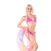 Lovely blonde babe Christy White drops down her tiny pink bikini