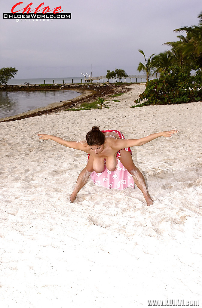 Top heavy MILF Chloe Vevrier exposing hairy pussy outdoors on beach - Photo #1042234