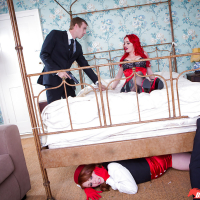 Redhead bellhop Ella Hughes joing Jasmine James for threesome in hotel room