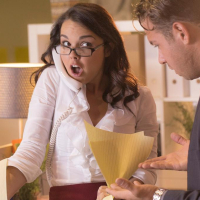 Brunette Dillion Harper in glasses gets cum on tits in reality office blowjob
