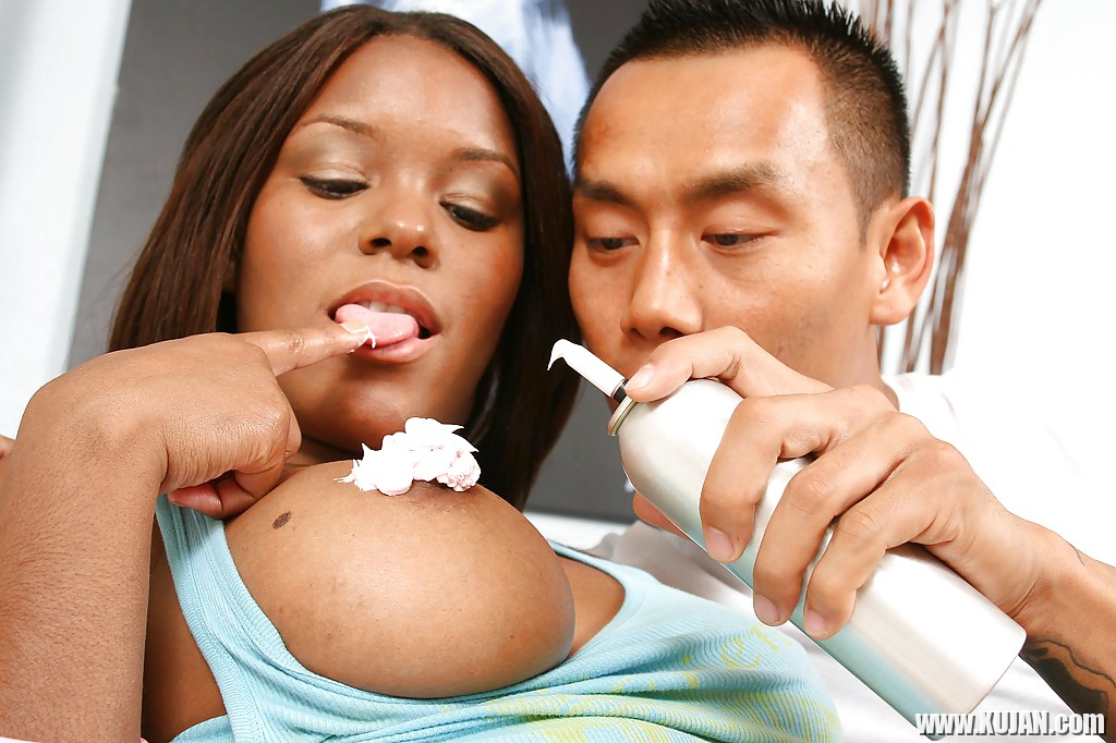 Ebony chick Candice Nicole gets shagged and jizzed over her big round tits - Photo #1075949