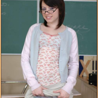 Shy coed babe in glasses Lexi Belle strips and stretches tight booty