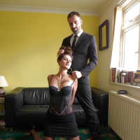 Nylon and lingerie attired European amateur Eva Johnson baring bald cunt