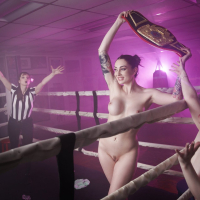 Sexy lesbians Charlotte Sins and Haley Spades scissoring the boxing ring