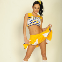 Busty babe Alektra Blue takes off cheerleader uniform to show pussy