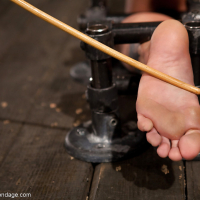 Thick blonde chick Holly Heart having bare feet caned in bondage