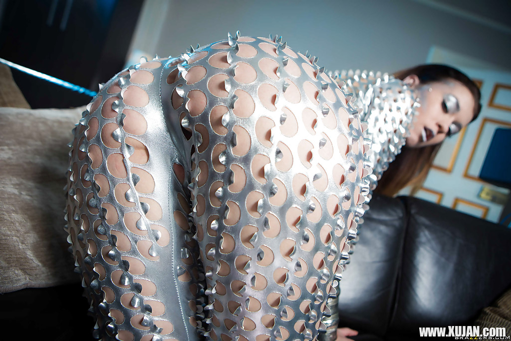 Collared Euro babe Misha Cross freeing tiny tits from freaky fetish garb - Photo #1113056