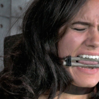 Penny Barber bound in wooden stocks with tits and pussy exposed in dungeon
