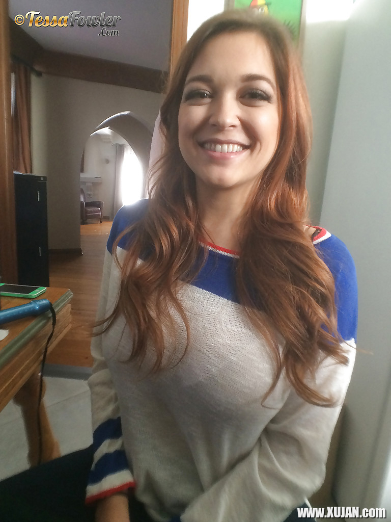 Buxom pornstar Tessa Fowler posing in pleated skirt while flashing big tits - Photo #1146261