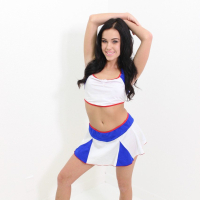 Playful cheerleader Megan Rain strips exposing her naked curves