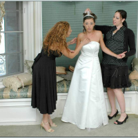 Busty blonde Nikki Benz helping Penny Flame to try on wedding dress
