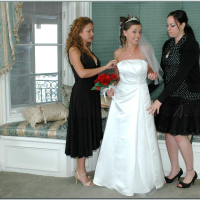 Busty blonde Nikki Benz helping Penny Flame to try on wedding dress