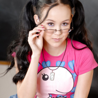 Tiny Asian Amai Liu in pigtails glasses sheds shorts to bare perfect ass