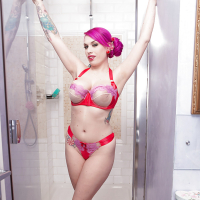 Pink haired solo girl Lily Madison wetting hooters in the shower