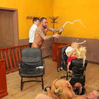 Nasty european babes fucking hard at a wild courtroom orgy
