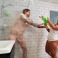 Playful Beth Bennett having shower pranking sex