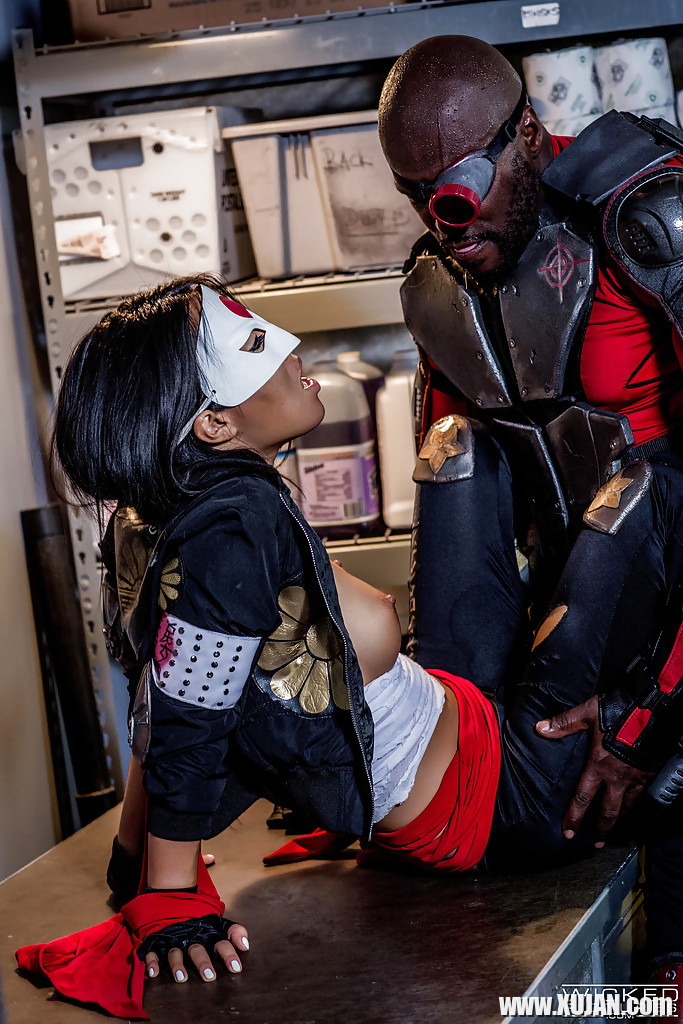 Masked Asian chick Asa Akira getting fucked by black dude in biker gear - Photo #1270288