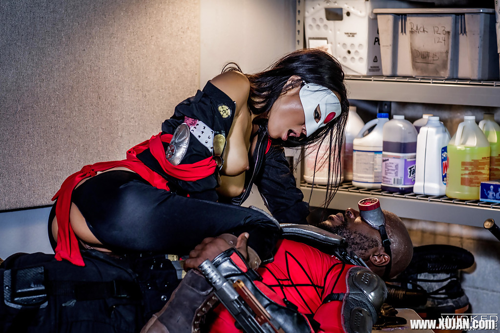 Masked Asian chick Asa Akira getting fucked by black dude in biker gear - Photo #1270292