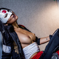 Masked Asian chick Asa Akira getting fucked by black dude in biker gear