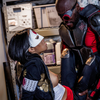 Masked Asian chick Asa Akira getting fucked by black dude in biker gear