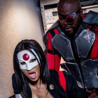 Masked Asian chick Asa Akira getting fucked by black dude in biker gear