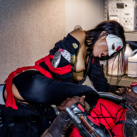 Masked Asian chick Asa Akira getting fucked by black dude in biker gear