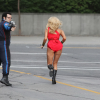 Ashley Benson showing ass and sweaty crotch in tiny red costume at the Pixels se