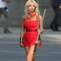 Ashley Benson showing ass and sweaty crotch in tiny red costume at the Pixels se