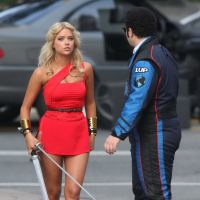 Ashley Benson showing ass and sweaty crotch in tiny red costume at the Pixels se