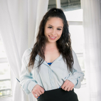 Brunette hottie Mia Moore gets surprised with a long dong