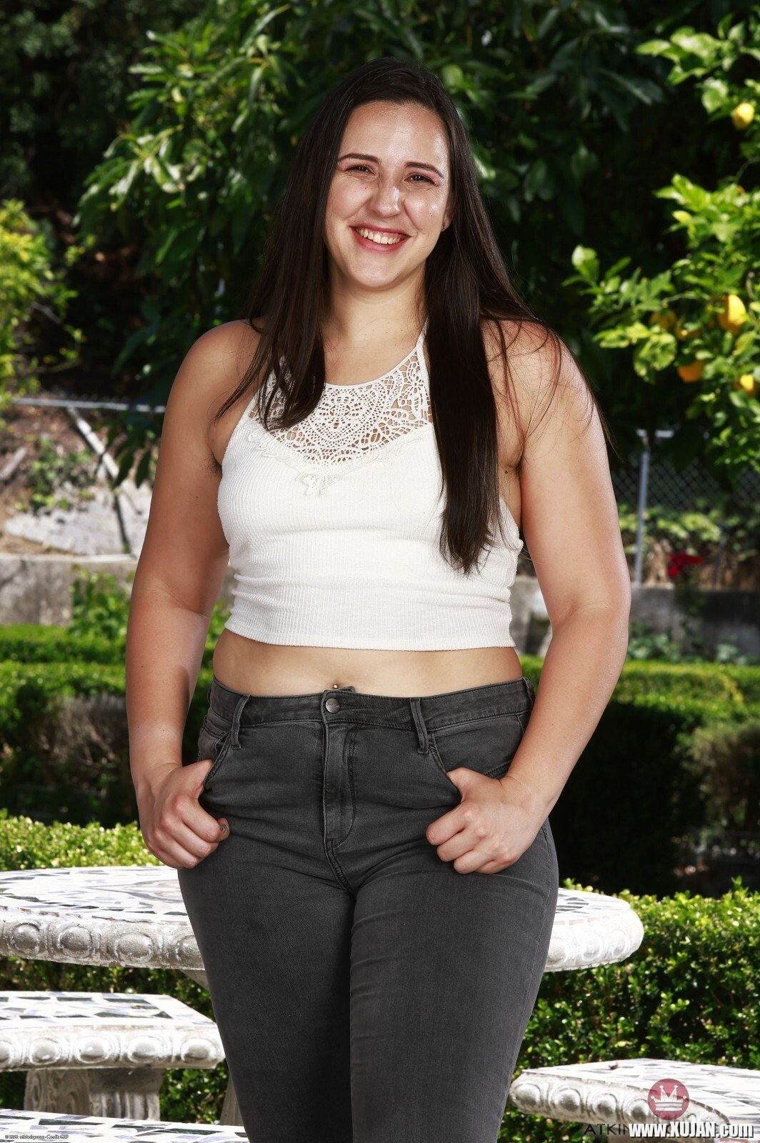 Curvy brunette Dria Submits strips naked exposing her hairy snatch - Photo #1310464