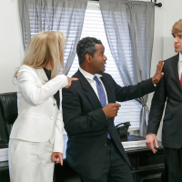 MILFs Cherie Deville and Yasmine de Leon have group sex in the oval office