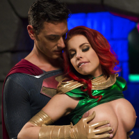 Chesty cosplay redhead Britney Amber taking a cumshot on her tongue