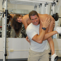 Perfect titted bodybuilder fucked hard by her trainer in the gym