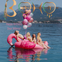 Cute chick Milena has fun with three friends on a pink flamingo