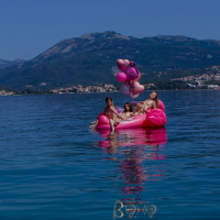 Cute chick Milena has fun with three friends on a pink flamingo